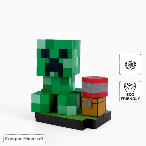 Main eco-friendly handmade Minecraft Creeper wooden art toy collectible.