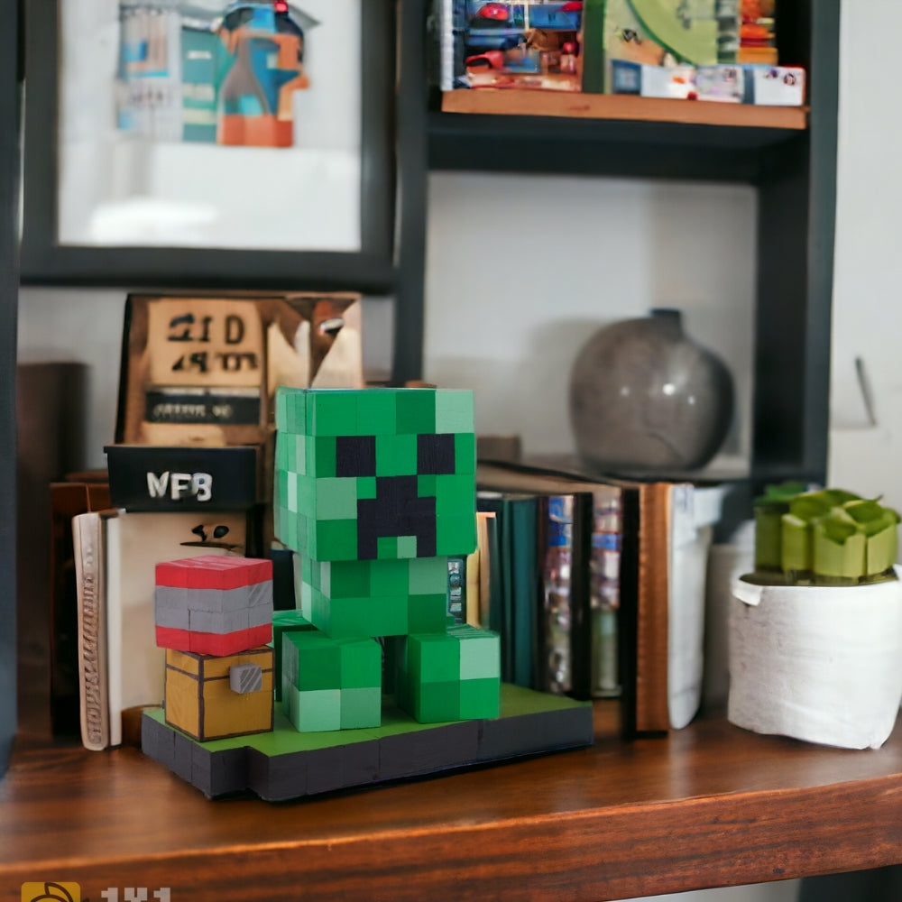 Handmade Minecraft Creeper wooden model showcased on bookshelf with decorations.