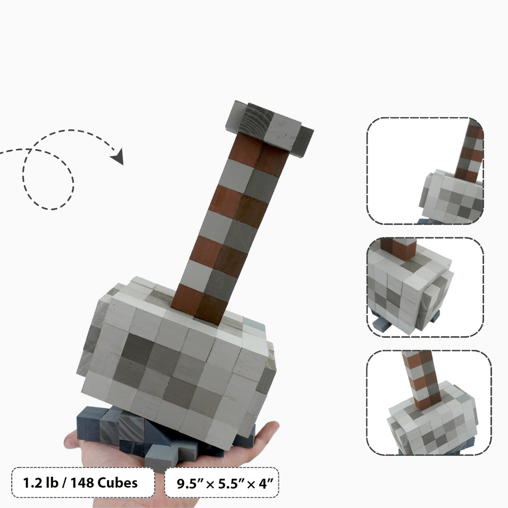 Detailed handmade Minecraft Mjolnir wooden hammer model with close-up block features.