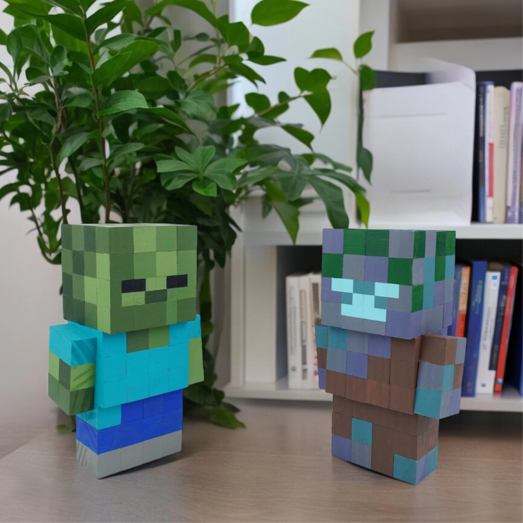 Handmade wooden pixel zombie figures on a desk with plants in the background