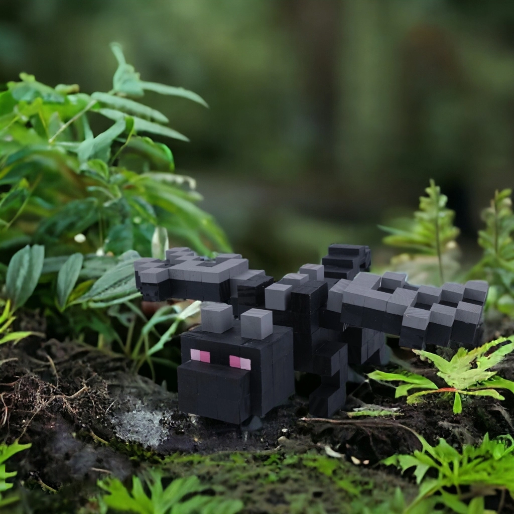 Handmade wooden Minecraft Ender Dragon displayed outdoors on natural moss and plants.