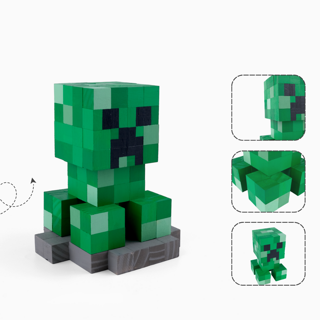 Detailed handmade Minecraft Creeper wooden model with close-up pixel features.
