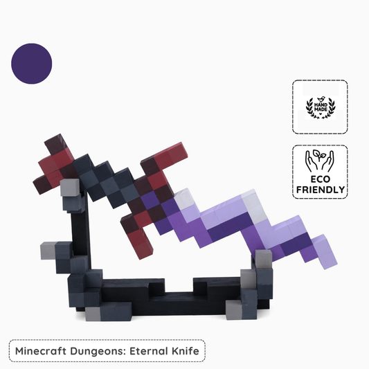 Handmade wooden Minecraft Eternal Knife model displayed on stand, eco-friendly pixel art collectible.