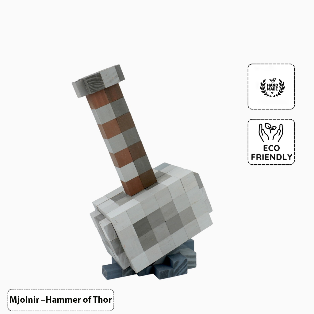 Main eco-friendly handmade Minecraft Mjolnir hammer displayed on white background.