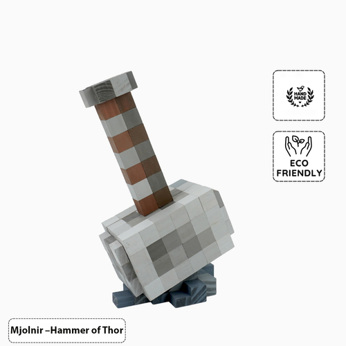 Main eco-friendly handmade Minecraft Mjolnir hammer displayed on white background.