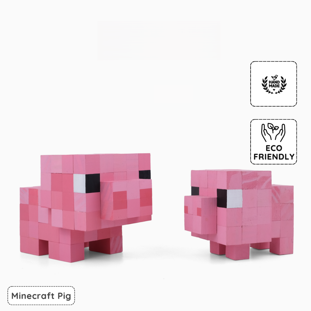 Handmade wooden Minecraft pig figure, eco-friendly pixel art model collectible.