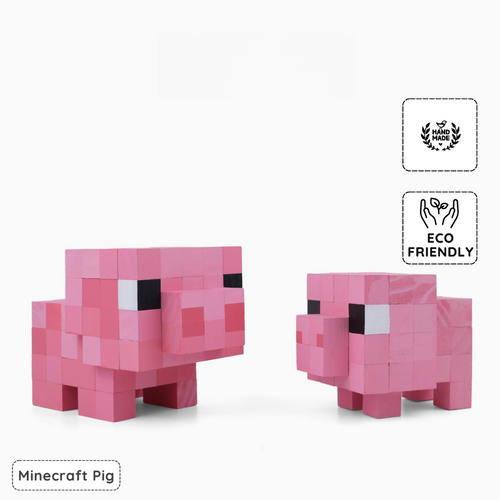 Handmade wooden Minecraft pig figure, eco-friendly pixel art model collectible.