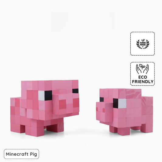 Handmade wooden Minecraft pig figure, eco-friendly pixel art model collectible.