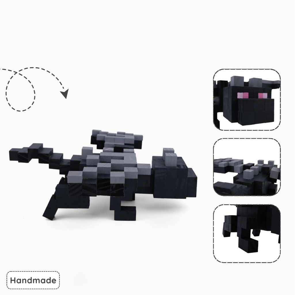 Detailed handmade Minecraft Ender Dragon wooden model with close-up pixel features.