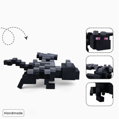 Detailed handmade Minecraft Ender Dragon wooden model with close-up pixel features.