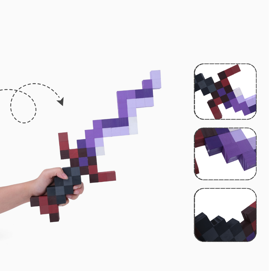 Handmade wooden Minecraft Eternal Knife model held in hand, showing pixelated blade.