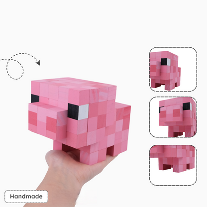 Wooden pixel Minecraft pig toy held in hand, handmade pink pig model with detailed angles.