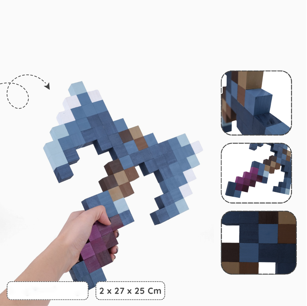 Handmade wooden Minecraft Cursed Axe shown in hand with close-up pixel details.