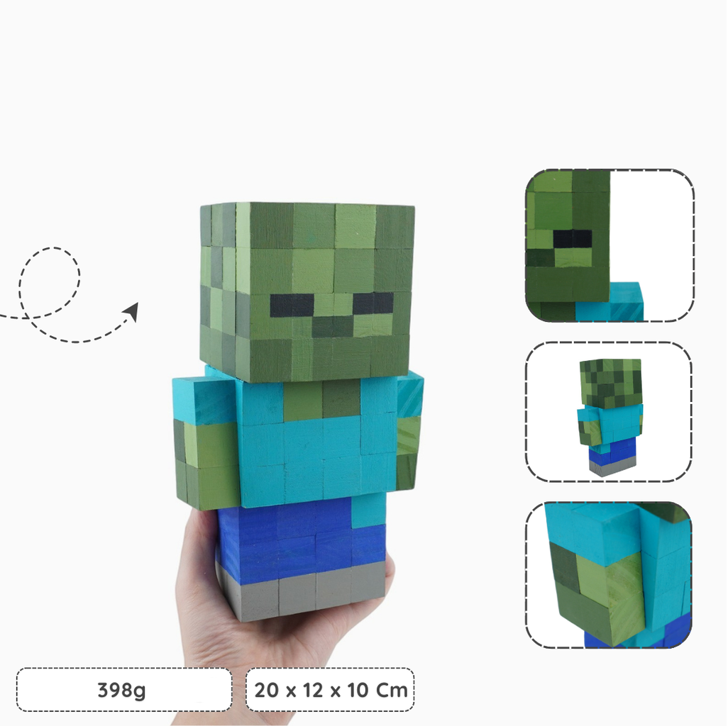 Wooden pixel zombie figure product photo with size and weight details
