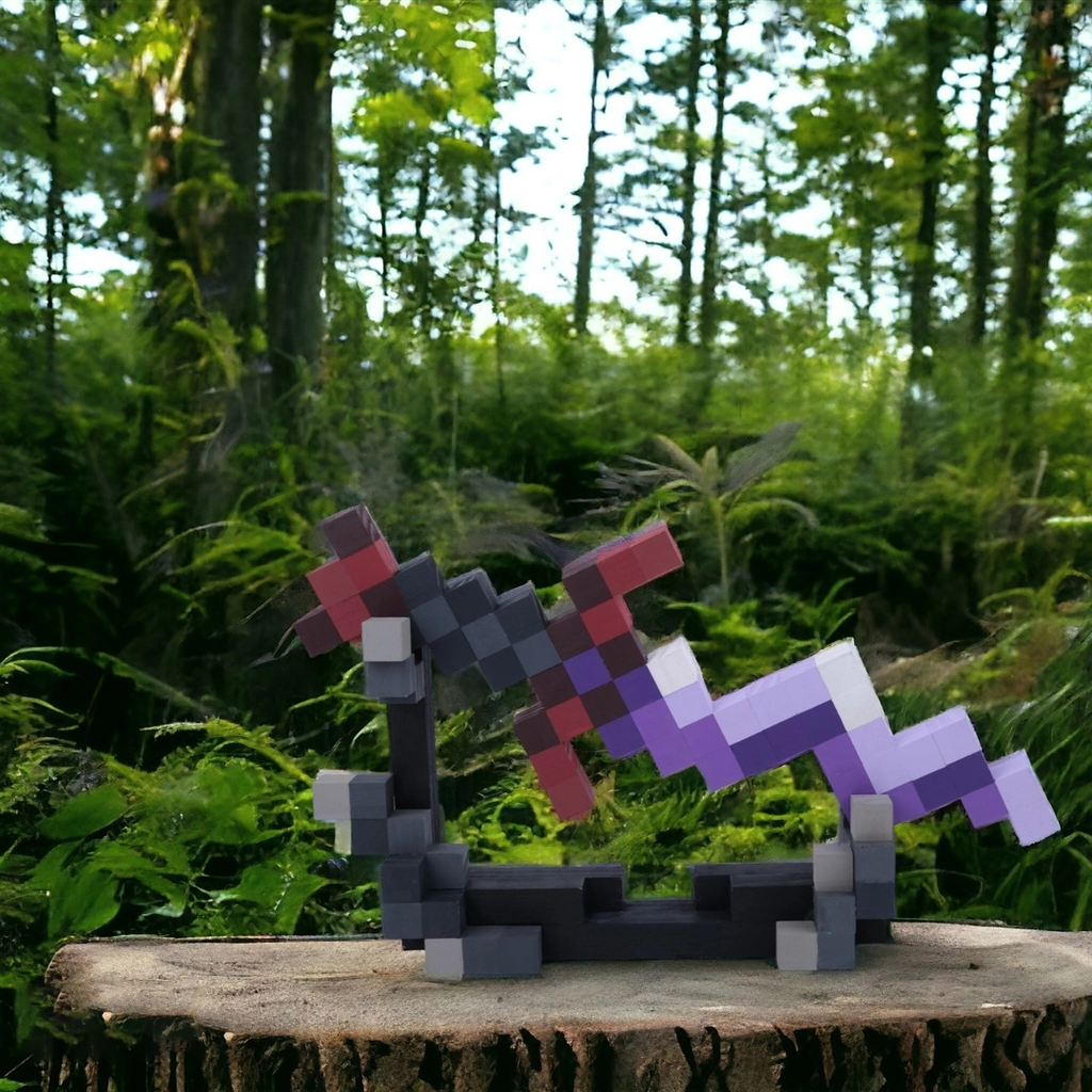 Wooden Minecraft Eternal Knife displayed outdoors on a tree stump surrounded by greenery.