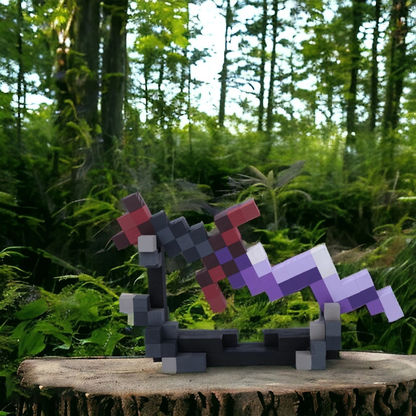 Wooden Minecraft Eternal Knife displayed outdoors on a tree stump surrounded by greenery.