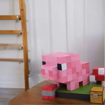 Handmade Minecraft pig wooden figure on display stand with chest and mushroom accessory.