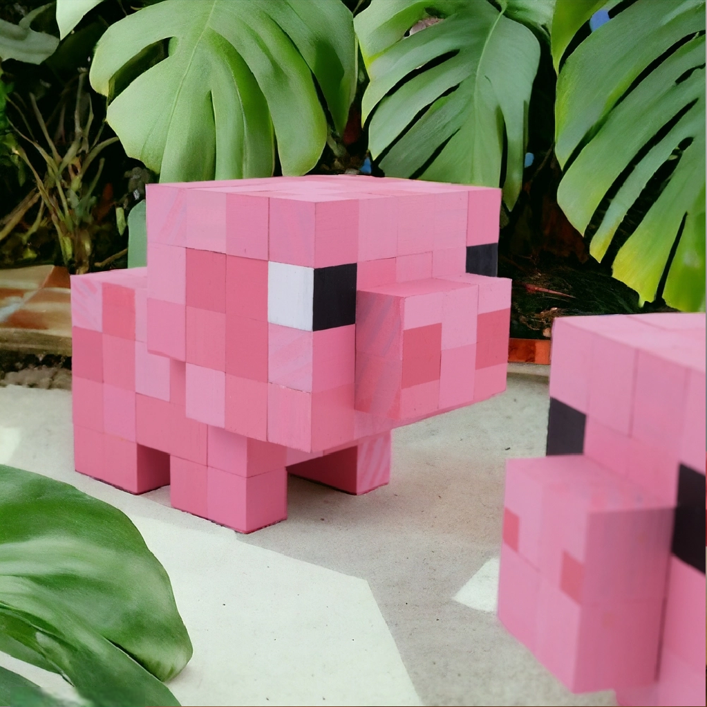 Eco-friendly Minecraft pig wooden collectible displayed outdoors with natural green leaves.