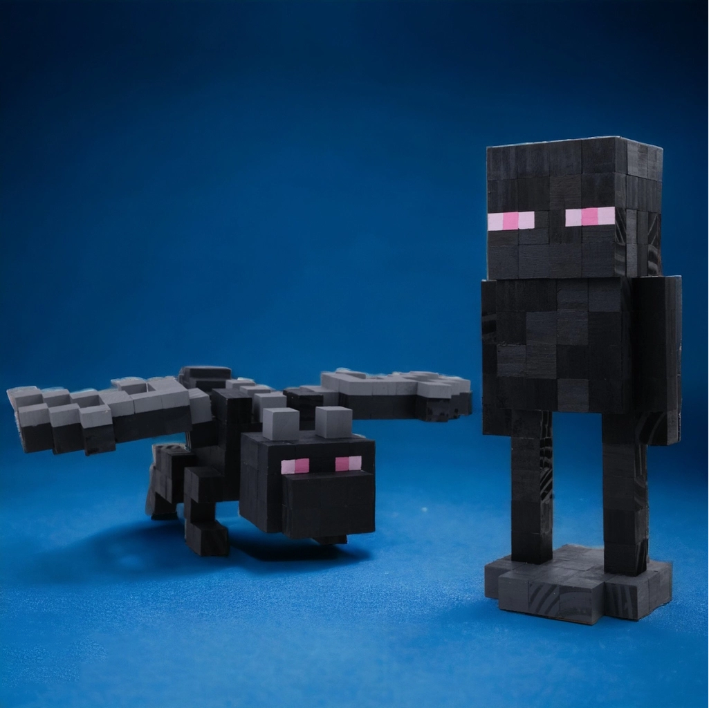 Wooden Minecraft Ender Dragon figure with Enderman companion on blue background.
