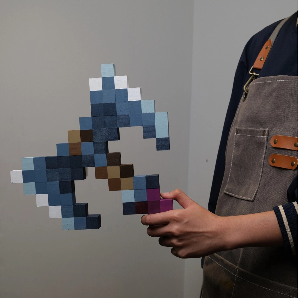 Handcrafted Minecraft Cursed Axe wooden model held by artisan in apron.