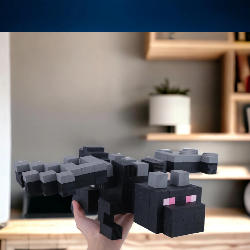 Large handmade Minecraft Ender Dragon wooden model held in hand for scale.
