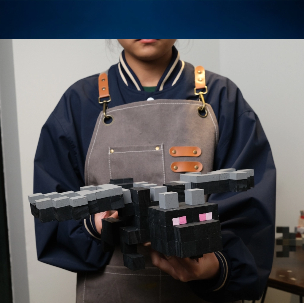 Handcrafted Minecraft Ender Dragon wooden model being held by artisan in apron.